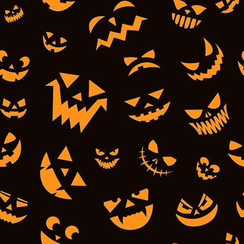 Scary faces pattern. Seamless print of Halloween pumpkin carving face with scary angry eyes and smiling mouth with teeth. Vector texture. Autumn holiday celebration with spooky monsters