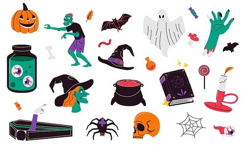 Halloween collection. Cute spooky cartoon elements flat style, scary funny characters for october party poster holiday stickers. Vector isolated set. Magic book, walking zombie and spider
