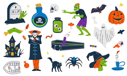 Scary Halloween symbols. Cute childish pumpkin zombie bat ghost cat vampire witch elements, cartoon flat october holiday spooky bundle. Vector collection. Mystery and frightening holiday symbols