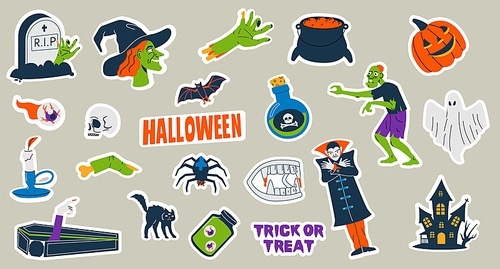 Halloween stickers. Cute cartoon scary traditional characters, trick or treats holiday decoration collection flat style, autumn celebration badges. Vector seasonal set. Pumpkin, vampire and ghost