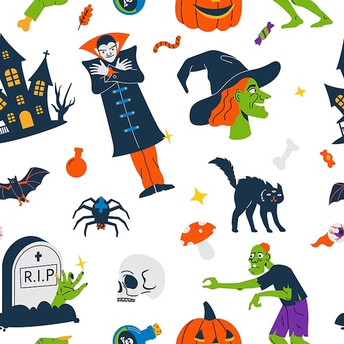 Halloween pattern. Seamless print with cute scary traditional symbols for october holiday decor packaging, cartoon spooky endless background. Vector texture. Mysterious characters as vampire, zombie