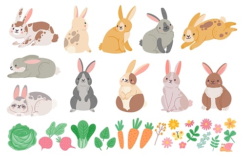 Cartoon cute spring rabbits, hares, flowers and vegetables. Bunny character jumping, sitting and sleeping. Brown and white rabbit vector set. Illustration of holiday hare, animal traditional easter