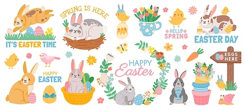 Spring easter cute animal characters and garden elements. Cartoon easter bunny with eggs in basket, flowers, chickens and birds vector set. Illustration of funny rabbit and bunny season
