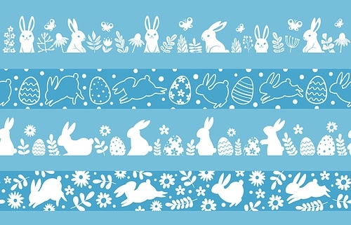 Easter silhouette borders with bunny, eggs and flowers. Spring meadow ornament for traditional easter decoration. Rabbit vector patterns set. Spring easter bunny pattern border illustration