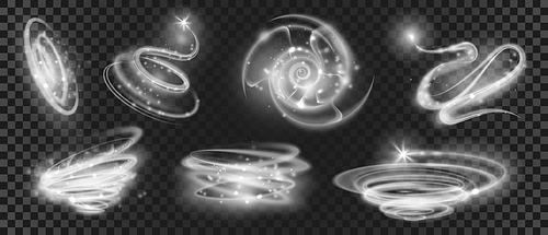 Glow white magic light with sparkle particles effect. Swirl, circle, vortex and spiral of shine. Star or comet with motion trail vector set. Wavy flying shimmer and glitter speed lines