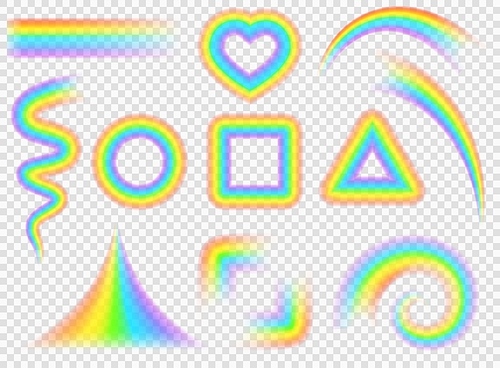 Realistic colorful rainbow shapes, lines, waves and curves. Magic rainbow circle, heart, square frames and spiral. Pride symbol vector set. Bright fantasy elements of different forms