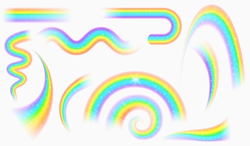 Realistic magic rainbow waves with stars and sparkle effect. Fantasy good luck rain arch. Rainbow colored shape, curve and spiral vector set. Glowing fairytale spectrum elements isolated on white