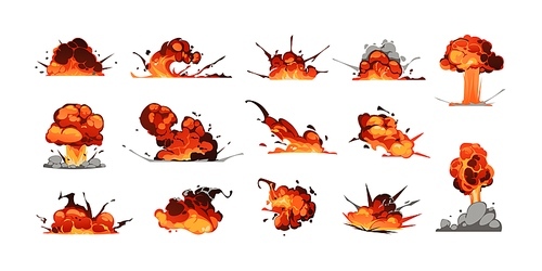 Comic explosion effect. Cartoon bomb blast and dynamite bang graphic with fire and smoke, game energy burst animation asset. Vector isolated set. Explosive cloud with flame after crash