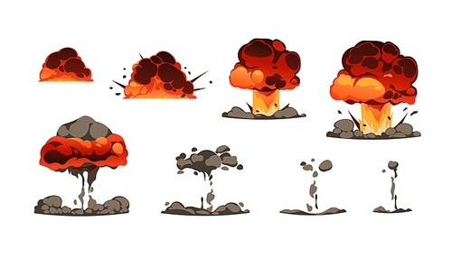 Explosion animation kit. Cartoon bomb detonation comic effect with fire and smoke, energy blast and firework explode game asset. Vector explosion graphic set. Dynamite burst with flame