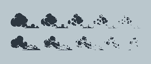 Run dust effect. Cartoon fast move smoke trace animation kit, steam motion 2D game sprite asset. Vector speed comic movement spritesheet. Bomb or dynamite explosion, fluffy clouds collection