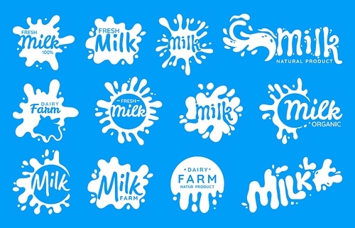 Dairy drop logo. Cartoon falling milk drop splash emblem for yoghurt and milk package, grocery round blob sticker. Vector design elements collection of dairy yogurt liquid, splash product illustration