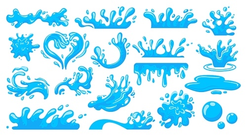 Water splash. Cartoon falling liquid drops, floating waves and stream, clean water concept, fluid motion concept. Vector water drop isolated collection. Aqua water drop splash, cartoon droplet falling
