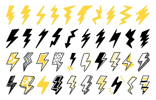 Lightning icon. Flash strike, electric power and electricity logo, nature thunderbolt yellow shape. Vector isolated clipart symbol of thunder light. Illustration of thunder strike electricity