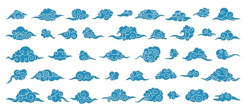 Asian clouds ornament. Chinese Japanese Korean oriental outline festive decorative elements, traditional sky art background. Vector isolated set of asian chinese cloud element illustration