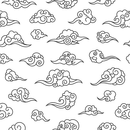 Japanese cloud pattern. Seamless print of traditional oriental cloud festive decoration art. Vector Chinese Korean Thai curly doodle clouds texture of decorative asia curly cloudy motif illustration