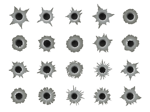 Shot holes. Gun bullet circle crack, ragged circular damage destruction torn hit on surface, peeling gap fissure elements. Vector isolated collection. Surface with gaps from rifles