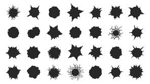 Black gunshot holes. Bullet shot damaged elements on metallic surface, gun pistol bullethole silhouettes target shooting torn crack elements. Vector set. Ragged marks from weapon on wall