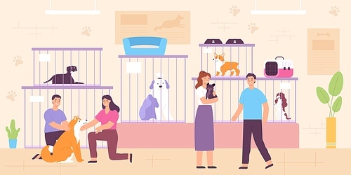 Flat happy people adopting homeless dogs from shelter. Pet shop or adoption center interior with cell cages, dogs and owners vector concept. Volunteers helping and taking care of puppies