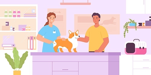Flat vet clinic interior with veterinarian doctor, dog and owner. Veterinary healthcare center for pets. Animals vaccination vector concept. Character examining and treating puppy in hospital