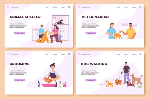 Animal care service, grooming, veterinarian, walking and shelter landing. Web pages for pets salon, veterinary and dog volunteers vector set. Medical examination, providing treatment