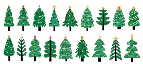 Christmas trees. Cute colorful new year decoration, traditional xmas pines with lights garland star for greeting card invitation banner. Vector set. Evergreen spruce for holiday celebration