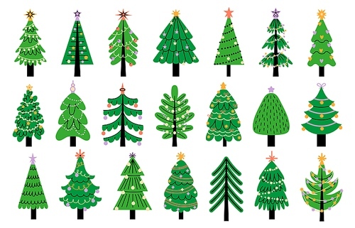 Decorated new year tree. Modern cartoon Christmas fir with decorations, new year xmas symbols of merry celebration. Vector winter season set. Evergreen spruces with light garlands, balls and stars