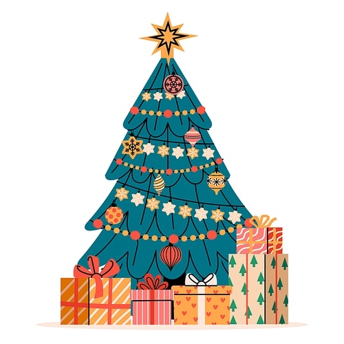 Christmas tree with presents. Decorated pine with gift boxes, cartoon fir with light balls garlands star, merry xmas happy new year concept. Vector illustration. Festive spruce for winter holiday