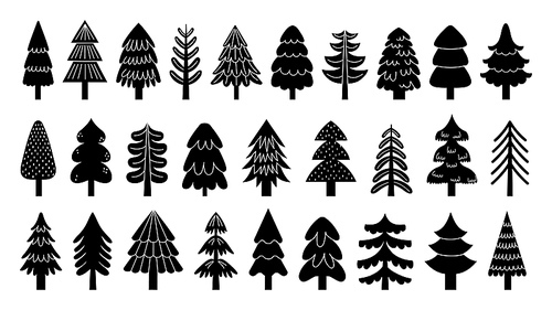 Black christmas tree icons. Minimal winter pine fir silhouettes with decorations, simple monochrome winter holiday season drawing. Vector isolated set. Spruces and pines of different shape