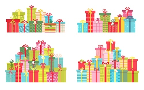 Cartoon pile of christmas and birthday presents in gift boxes. Prize concept. Holiday surprise party decoration. Flat gift stack vector set. Bright festive boxes for giveaway o greeting