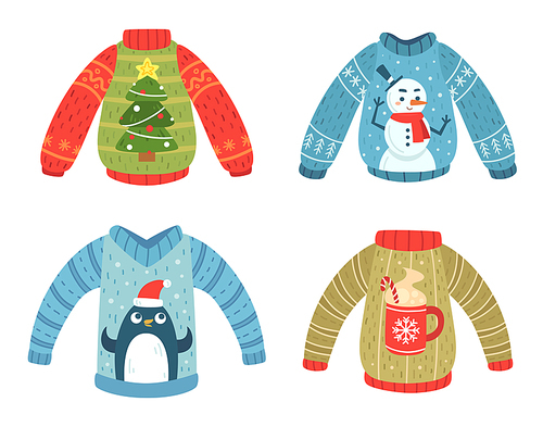 Cartoon christmas party jumpers for winter holiday celebration. Knitted cute sweaters with fir tree, snowman, penguin in Santa hat and cup of hot cocoa design. Xmas and new year clothing vector set