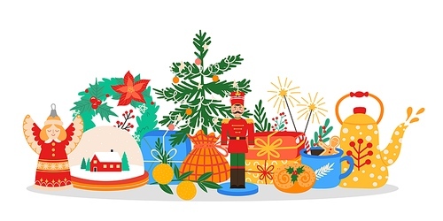 Christmas concept. Celebrating winter season holiday with decorated fir tree, gift boxes, wreath, tea and toys. Traditional xmas attributes and new year decoration as candy cane and sparklers vector