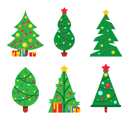 Christmas trees decorated with lights garlands and star on top. Cartoon xmas and new year fir trees with gift boxes. Winter holiday evergreen symbol of different shapes isolated on white