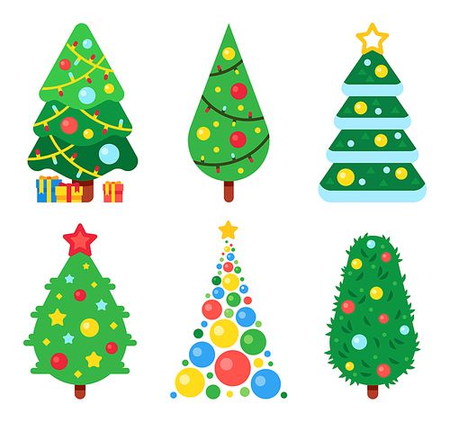 Flat paper christmas tree decorated with colorful balls, garlands and star. Winter holiday celebration symbol of different shapes. Xmas and new year fir tree with gift boxes vector set