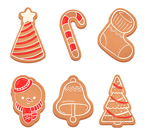 Gingerbread Christmas cookies in form of tree bell and socks. Vector christmas cookie gingerbread illustration, sweet for celebration, candy biscuit bell and tree