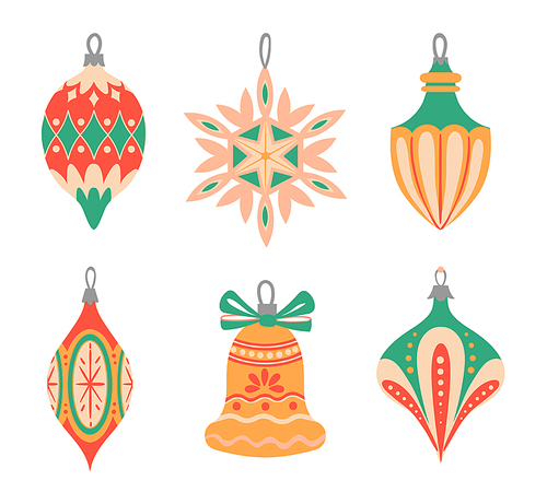 Christmas tree toys. Holiday decoration for xmas fir tree of different shapes as snowflake, bell. Winter traditional toys with ornament for new year decor isolated vector collection