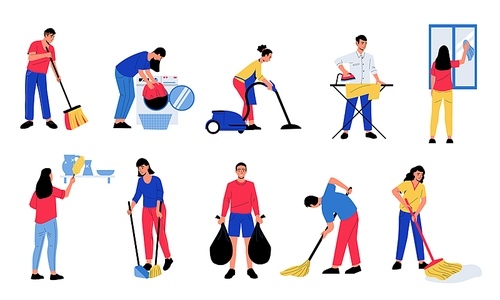 People cleaning up. Cartoon abstract characters doing housework ironing washing window, vacuuming, making bed. Vector housekeeping set. Man and woman doing household chores, domestic activities