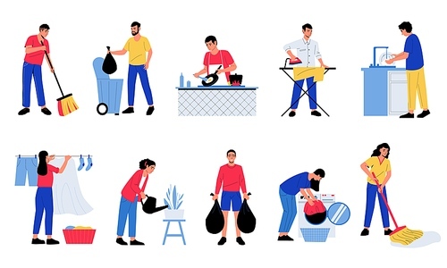 People doing housework. Men woman characters cooking dishes watering flowers cleaning up doing housework chores. Vector cartoon isolated set. Adults doing household chores as laundry, sweeping floor