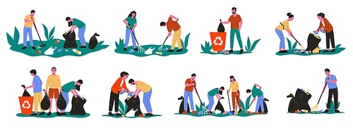 People collecting garbage. Cartoon volunteer characters cleaning up picking up litter rubbish, social humanitarian help concept. Vector isolated set. Protecting ecology from environmental pollution