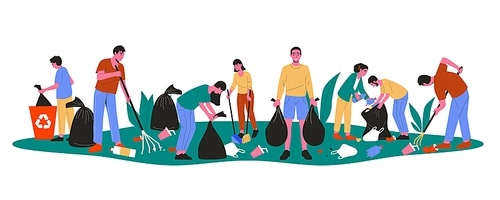 Volunteers cleaning up parks. Cartoon people characters collecting litter picking plastic waste raking garbage, eco voluntary activist. Vector flat illustration. Man and woman with rubbish bags