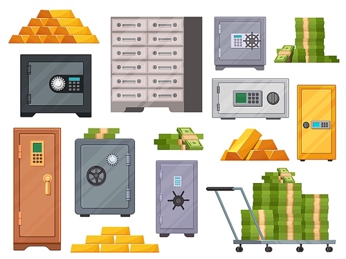 Cartoon bank vault safes, gold bars and money in stacks. Steel lockers, deposit boxes with code locks. Banks currency security vector set. Illustration of bank safe, money cash and gold