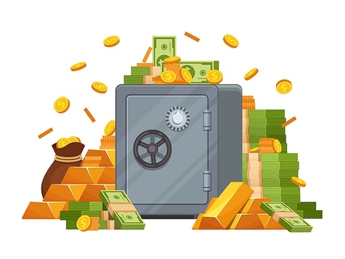Bank safe with dollar bills, golden coins and bars. Money safety deposit box with lock. Finance savings and cash protection vector concept. Illustration of finance investment and box to save