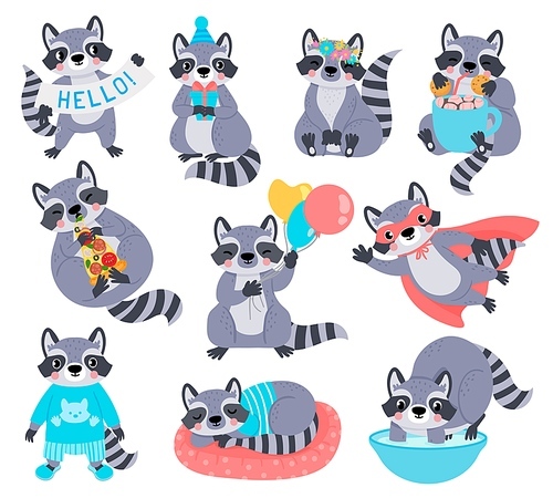 Happy raccoon mascot characters for kids birthday. Racoon superhero. Cute cartoon raccoons with balloon, eat pizza and wash hands vector set. Pet holding present box, drinking cocoa