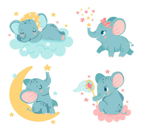 Cute cartoon elephants. Baby characters dreaming, sleeping on fluffy cloud. Adorable animal sitting on moon and catching stars. Happy kids in bedtime, fairy tale isolated vector set