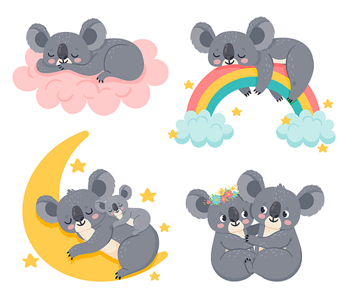 Cute cartoon koalas. Adorable animals sleeping on fluffy pink cloud, rainbow. Mother and kid relaxing and dreaming on moon, romantic couple hugging. Sweet characters isolated vector set