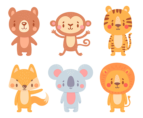 Cute cartoon animals. Wild adorable characters with smiling faces. Cartoon cute bear, monkey, tiger, fox, koala and lion. Lovely mammals standing isolated. Jungle zoo fauna vector set