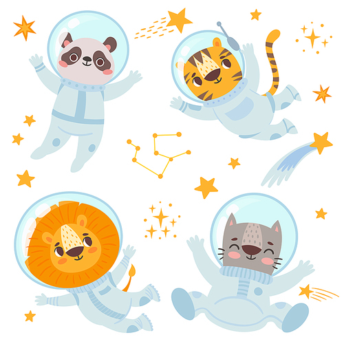 Animals astronauts, panda and lion, cat and tiger. Astronaut cosmonaut in galaxy, spaceman astronomy in universe, character happy explorer. Vector illustration