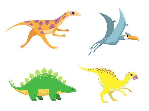 Cute baby dinosaurs. Funny cartoon dino running, standing and flying. Friendly colorful characters for children, adorable prehistoric animals, wild comic creatures isolated vector set