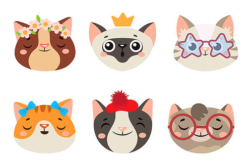 Cute cats heads with glasses and crown. Vector cat head with glasses, face kitty princess isolated, animal cute illustration