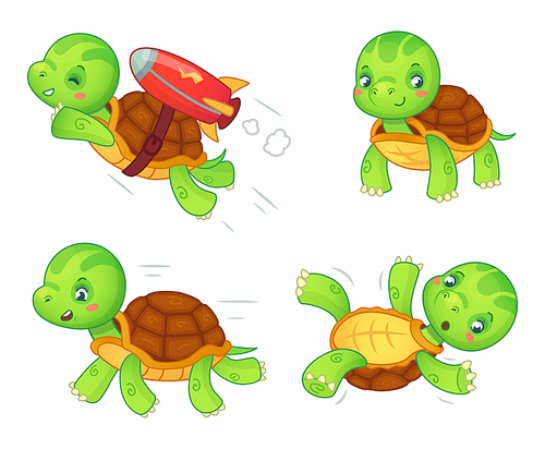 Turtle child in different poses, tortoise baby. Vector happy character turtle, animal tortoise cartoon illustration