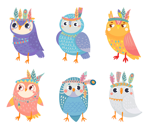 Wild tribal owl collection, night animal with colored feathers. Vector owl wise with colored wing, wisdom animal colorful illustration